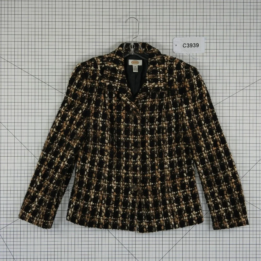 Talbots Blazer Women's Size 10 Black Tan Plaid Boucle Tweed Jacket Vintage‎